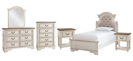 Realyn Twin Panel Bed with Mirrored Dresser, Chest and 2 Nightstands in Chipped White from Ashley - Luna Furniture