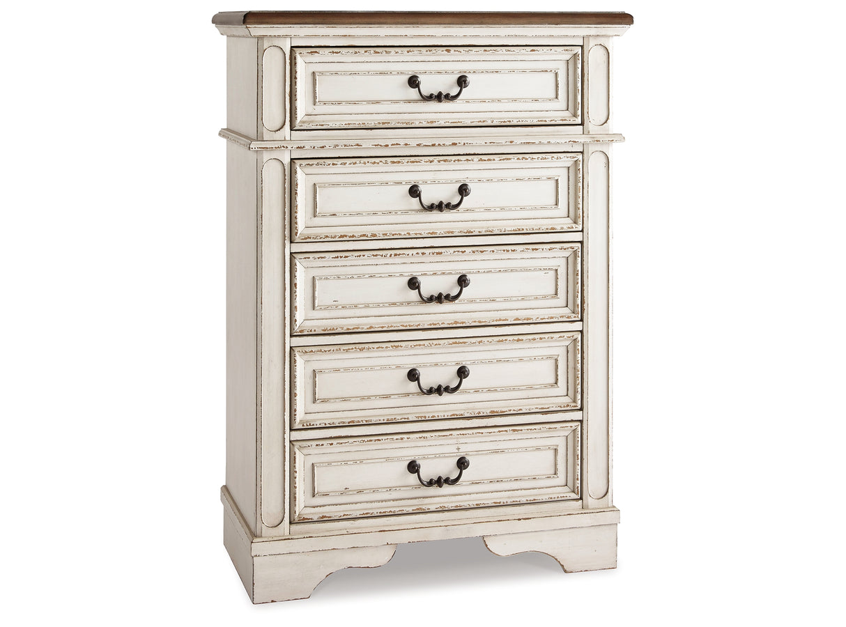 Realyn Chipped White King Upholstered Panel Bed, Dresser, Chest and 2 Nightstands from Ashley - Luna Furniture