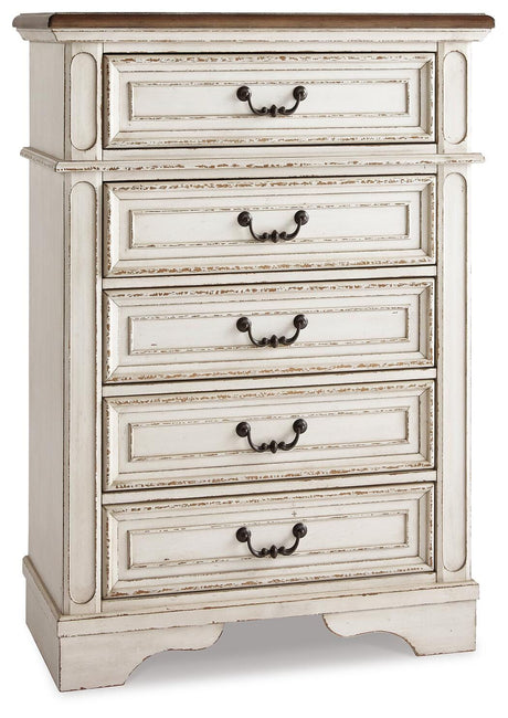Realyn Chipped White Full Upholstered Panel Bed, Dresser, Mirror, Chest and Nightstand from Ashley - Luna Furniture