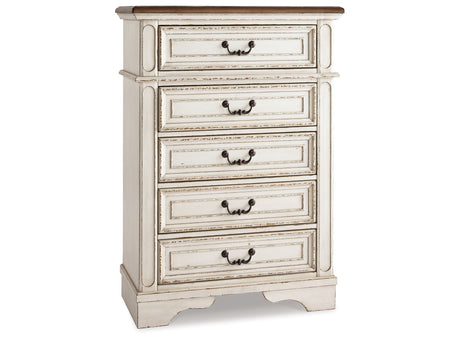 Realyn Two-tone King Upholstered Panel Bed, Dresser, Mirror, Chest and 2 Nightstands from Ashley - Luna Furniture