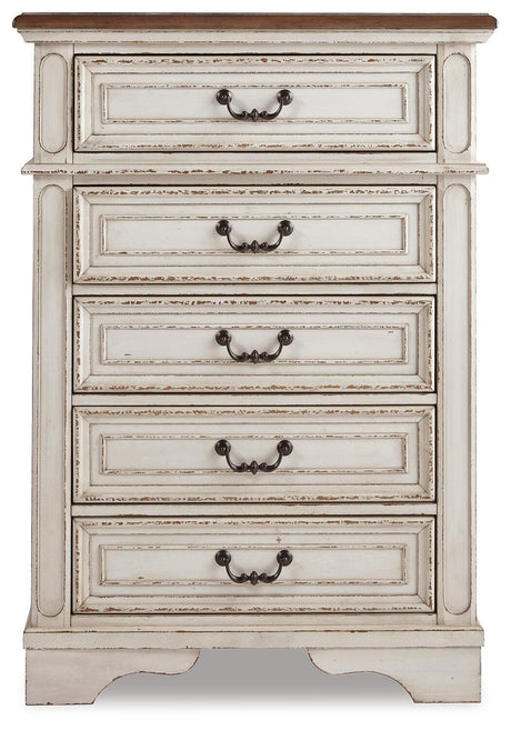 Realyn Chipped White Full Upholstered Panel Bed, Dresser, Mirror, Chest and Nightstand from Ashley - Luna Furniture