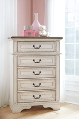 Realyn Chipped White King Upholstered Panel Bed, Dresser, Chest and 2 Nightstands from Ashley - Luna Furniture