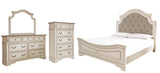 Realyn Chipped White Queen Upholstered Panel Bed with Mirrored Dresser and Chest from Ashley - Luna Furniture