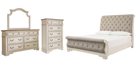 Realyn Chipped White California King Sleigh Bed with Mirrored Dresser and Chest from Ashley Furniture - Luna Furniture