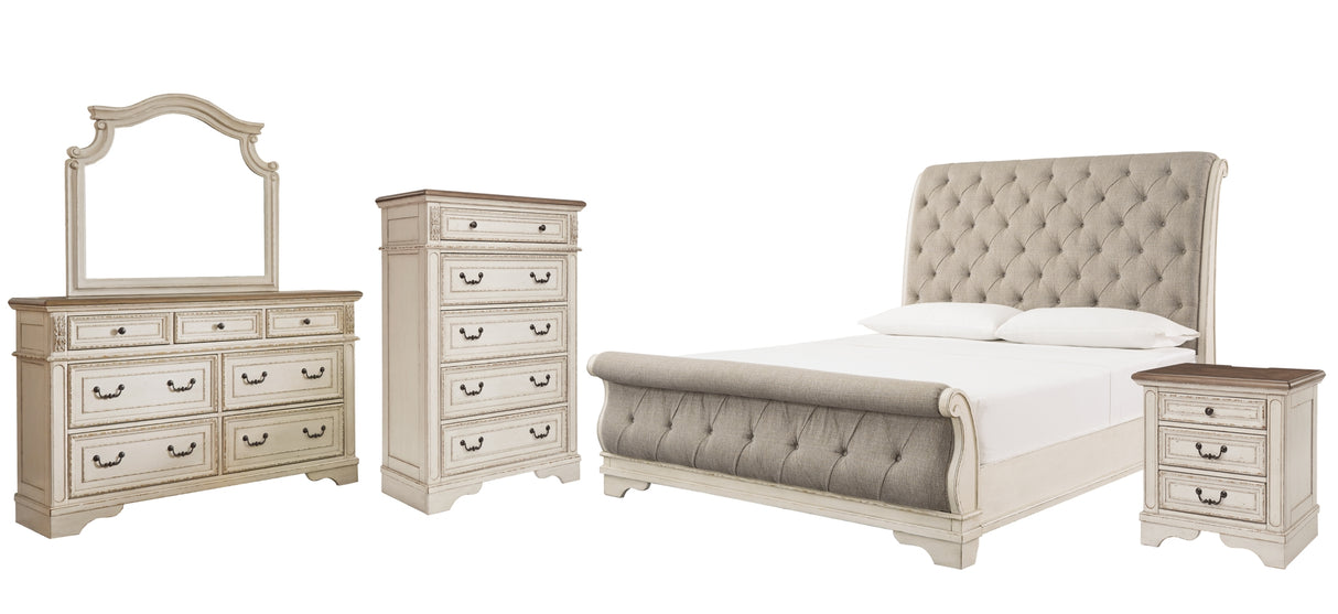 Realyn Chipped White California King Sleigh Bed with Mirrored Dresser, Chest and Nightstand from Ashley Furniture - Luna Furniture