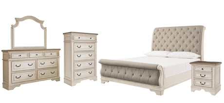 Realyn White King Sleigh Bed with Mirrored Dresser, Chest and Nightstand in Chipped from Ashley Furniture - Luna Furniture