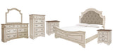 Realyn Chipped White California King Upholstered Panel Bed with Mirrored Dresser, Chest and 2 Nightstands from Ashley - Luna Furniture