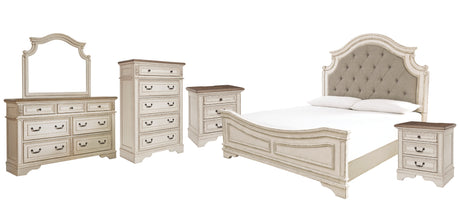Realyn Chipped White King Upholstered Panel Bed with Mirrored Dresser, Chest and 2 Nightstands from Ashley - Luna Furniture