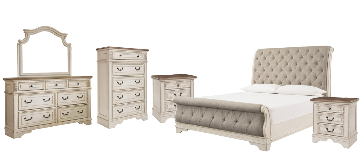 Realyn Chipped White California King Sleigh Bed with Mirrored Dresser, Chest and 2 Nightstands from Ashley Furniture - Luna Furniture