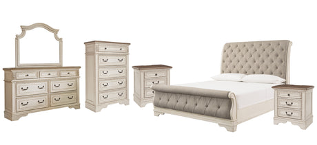 Realyn Chipped White California King Sleigh Bed with Mirrored Dresser, Chest and 2 Nightstands from Ashley Furniture - Luna Furniture