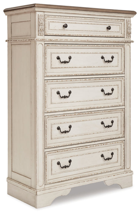 Realyn Two-tone Queen Upholstered Bed, Dresser, Mirror, Chest and Nightstand from Ashley - Luna Furniture