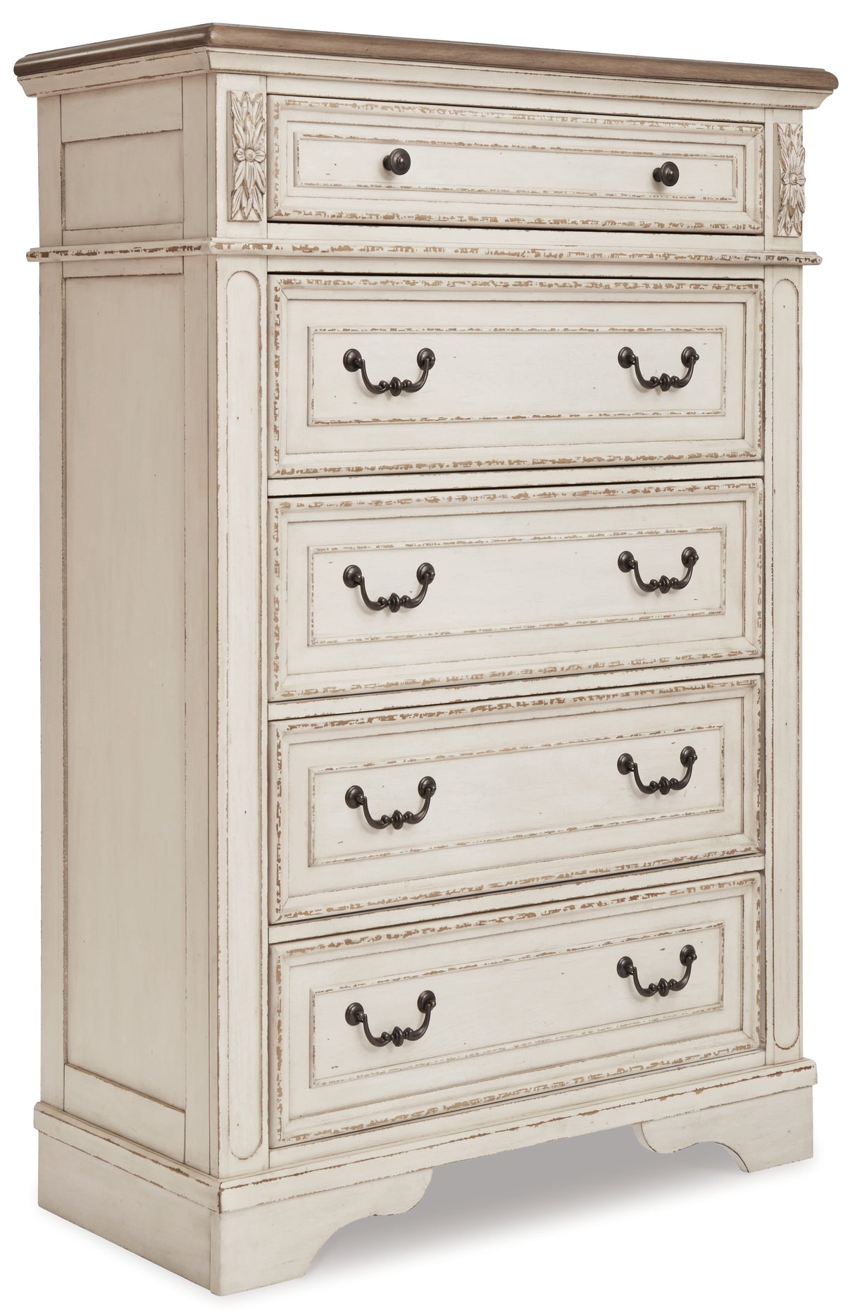 Realyn Two-tone California King Upholstered Bed with Mirrored Dresser and Chest from Ashley - Luna Furniture