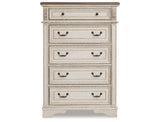 Realyn Chipped White Queen Upholstered Panel Bed, Dresser, Chest and Nightstand from Ashley - Luna Furniture