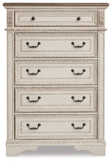 Realyn Two-tone Queen Upholstered Bed, Dresser, Mirror, Chest and Nightstand from Ashley Furniture - Luna Furniture