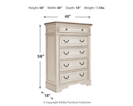 Realyn Two-tone California King Upholstered Bed with Mirrored Dresser and Chest from Ashley - Luna Furniture