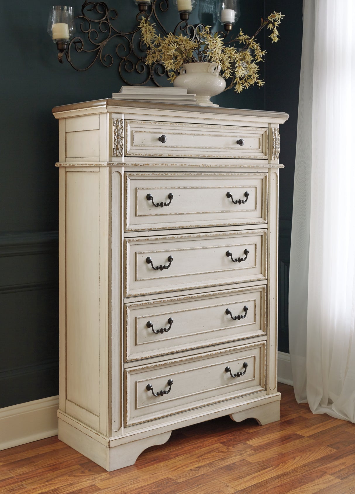 Realyn Chipped White Full Bed, Chest, and Nightstand from Ashley Furniture - Luna Furniture