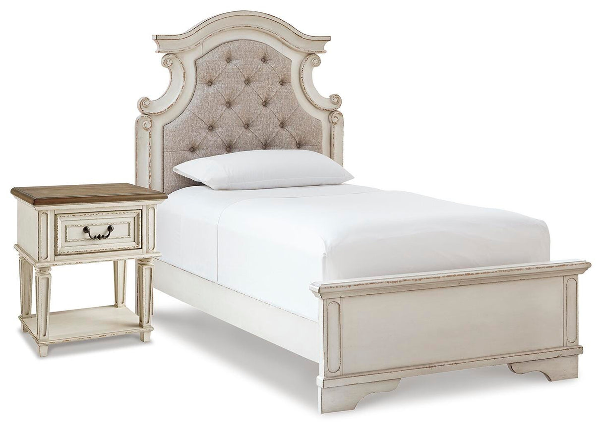 Realyn Two-tone Twin Upholstered Panel Bed and Nightstand from Ashley - Luna Furniture
