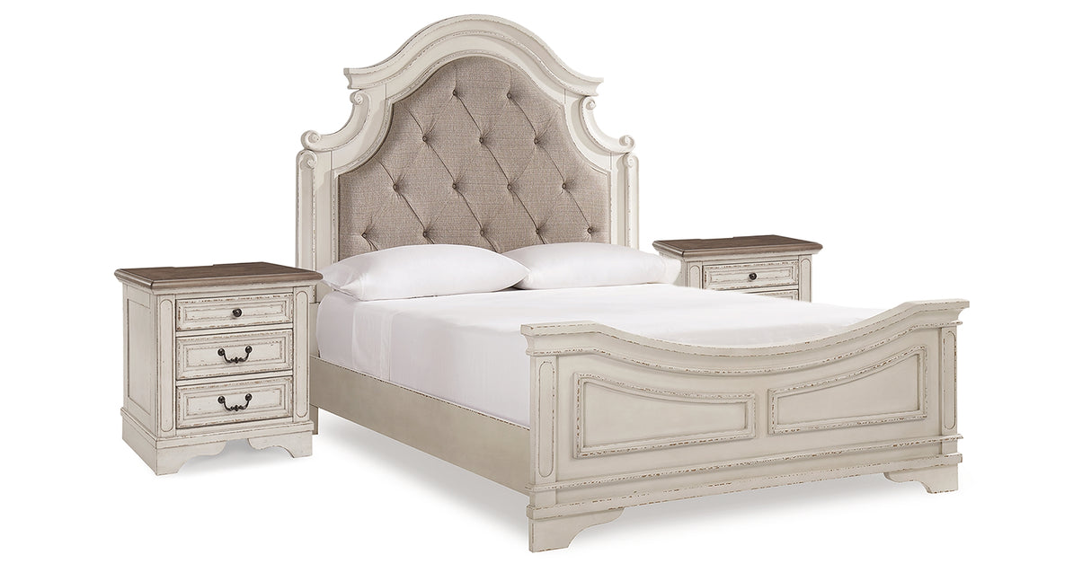 Realyn Two-tone Queen Upholstered Panel Bed and 2 Nightstands from Ashley Furniture - Luna Furniture