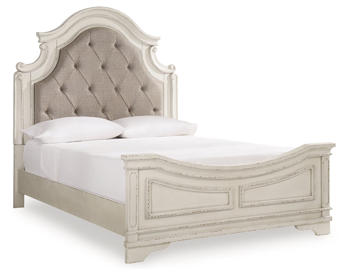 Realyn Queen Upholstered Panel Bed with Mirrored Dresser and 2 Nightstands in Chipped White from Ashley Furniture - Luna Furniture