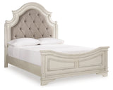 Realyn Queen Upholstered Panel Bed with Mirrored Dresser and 2 Nightstands in Chipped White from Ashley Furniture - Luna Furniture