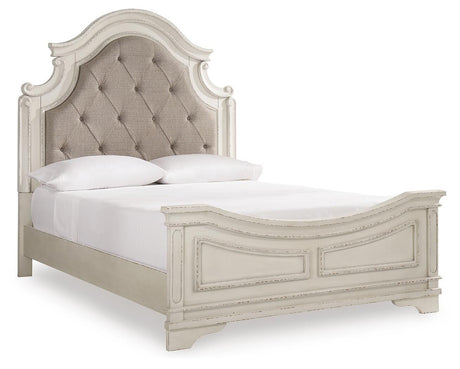 Realyn Chipped White Queen Upholstered Panel Bed, Dresser and Nightstand from Ashley - Luna Furniture