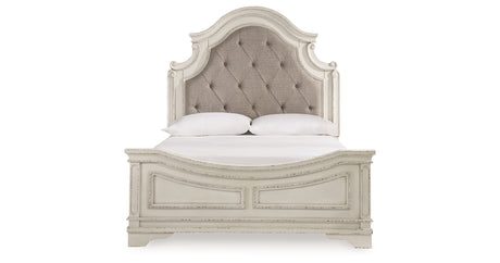 Realyn Chipped White Queen Upholstered Panel Bed, Dresser and Nightstand from Ashley - Luna Furniture