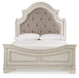 Realyn Queen Upholstered Panel Bed with Mirrored Dresser and 2 Nightstands in Chipped White from Ashley Furniture - Luna Furniture