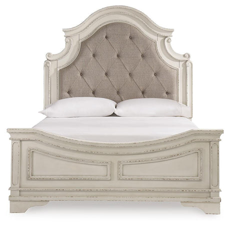 Realyn Chipped White Queen Upholstered Panel Bed, Dresser and Nightstand from Ashley - Luna Furniture