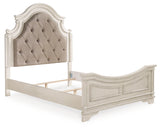 Realyn Queen Upholstered Panel Bed with Mirrored Dresser and 2 Nightstands in Chipped White from Ashley Furniture - Luna Furniture