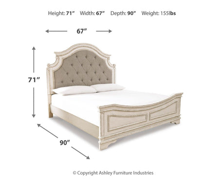 Realyn Chipped White Queen Upholstered Panel Bed, Dresser and Nightstand from Ashley - Luna Furniture