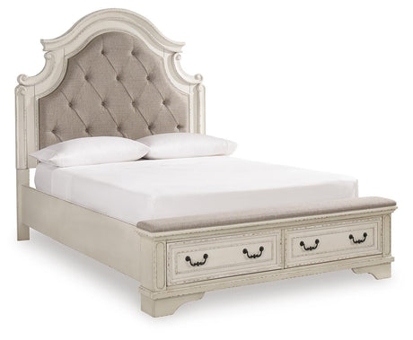 Realyn Chipped White Queen Upholstered Storage Bed, Dresser and Nightstand from Ashley - Luna Furniture