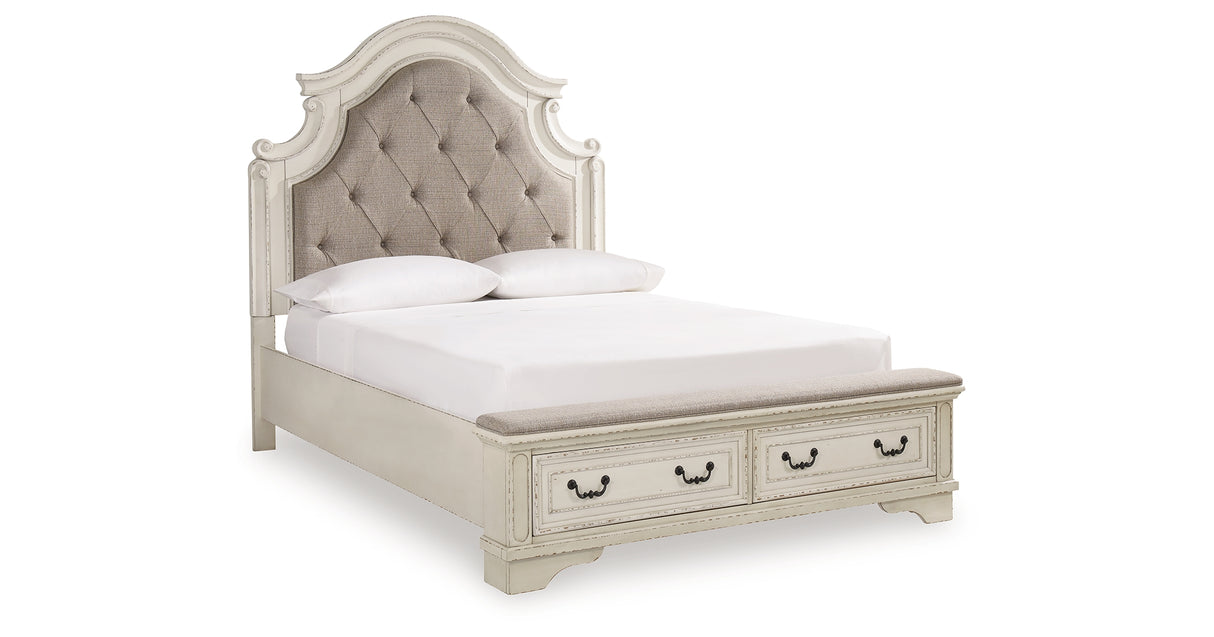 Realyn Antiqued Two Tone Queen Upholstered Storage Bed, Dresser and Nightstand from Ashley Furniture - Luna Furniture