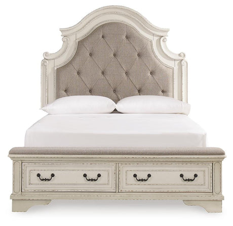 Realyn Chipped White Queen Upholstered Panel Bed, Dresser, Chest and Nightstand from Ashley - Luna Furniture