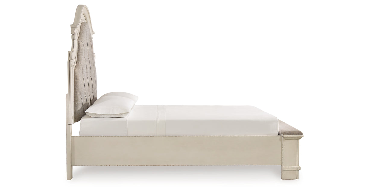 Realyn Chipped White Queen Upholstered Panel Bed, Dresser, Chest and Nightstand from Ashley - Luna Furniture