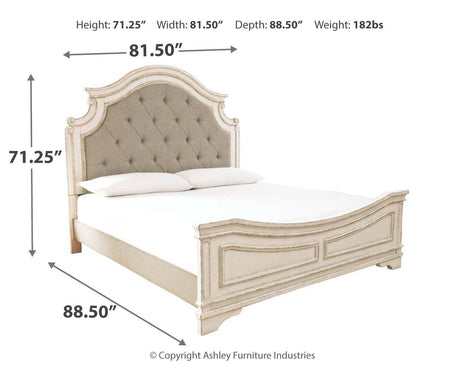 Realyn Chipped White King Upholstered Panel Bed, Dresser, Chest and 2 Nightstands from Ashley - Luna Furniture