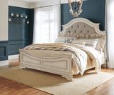 Realyn Chipped White King Upholstered Panel Bed, Dresser, Chest and 2 Nightstands from Ashley - Luna Furniture