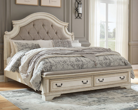 Realyn Two-tone California King Upholstered Storage Platform Bed with Footboard Bench from Ashley Furniture - Luna Furniture