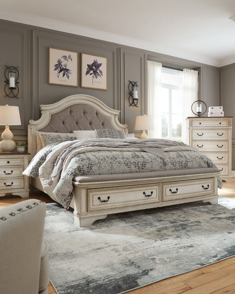 Realyn Two-tone California King Upholstered Storage Platform Bed with Footboard Bench from Ashley Furniture - Luna Furniture