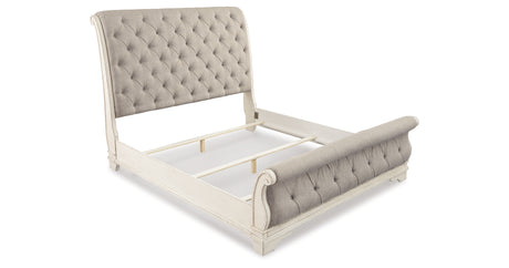 Realyn Two-tone King Upholstered Sleigh Bed, Dresser, Mirror and 2 Nightstands from Ashley Furniture - Luna Furniture