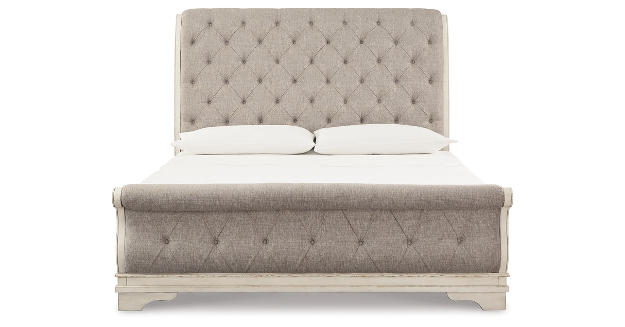 Realyn Two-tone King Upholstered Sleigh Bed, Dresser, Mirror and 2 Nightstands from Ashley Furniture - Luna Furniture