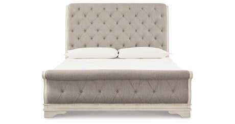 Realyn Two-tone King Upholstered Sleigh Bed, Dresser, Mirror and 2 Nightstands from Ashley Furniture - Luna Furniture