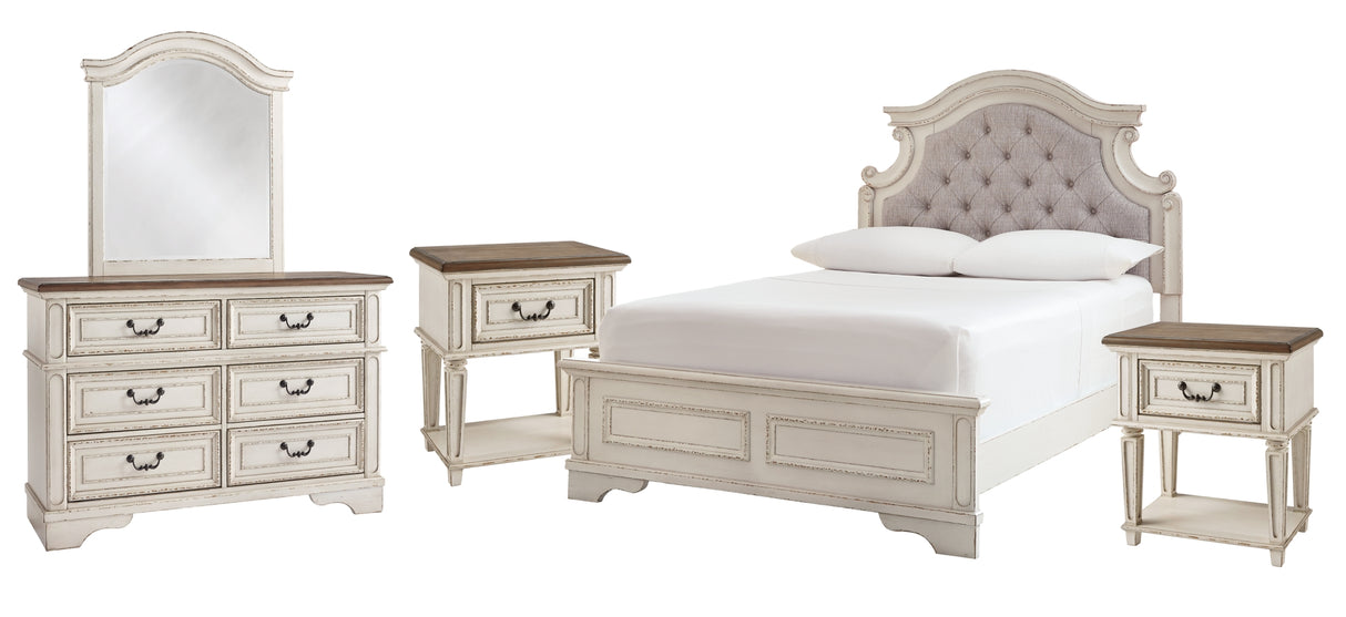Realyn Chipped White Full Panel Bed with Mirrored Dresser and 2 Nightstands from Ashley Furniture - Luna Furniture