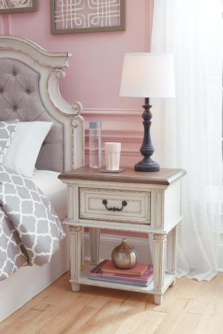 Realyn Two-tone King Panel Bed, Dresser, Mirror and Nightstand from Ashley Furniture - Luna Furniture