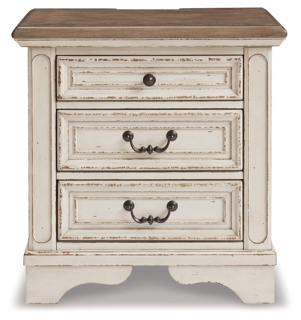 Realyn Queen Upholstered Panel Bed with Mirrored Dresser and 2 Nightstands in Chipped White from Ashley Furniture - Luna Furniture