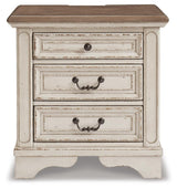 Realyn Queen Upholstered Panel Bed with Mirrored Dresser and 2 Nightstands in Chipped White from Ashley Furniture - Luna Furniture