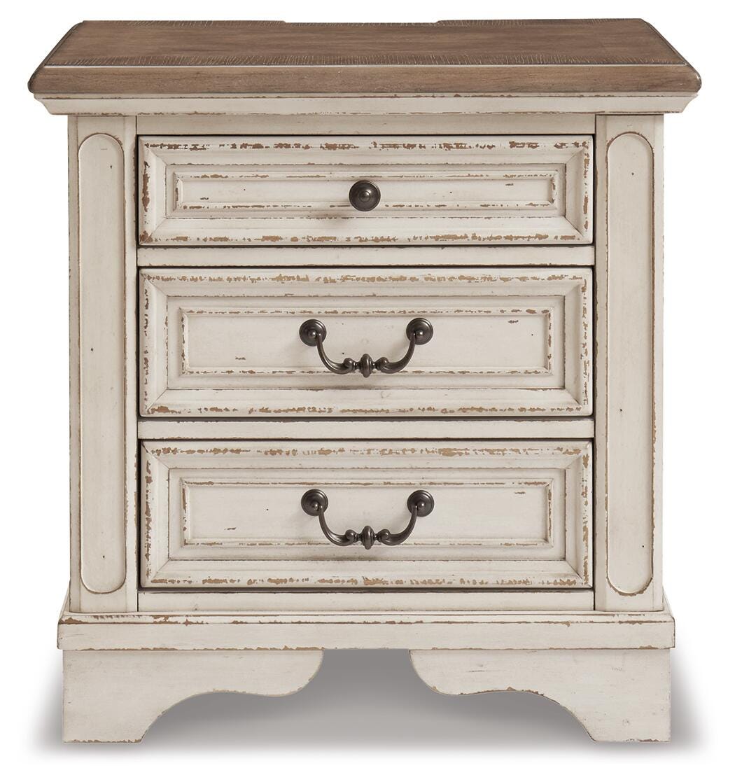Realyn Chipped White Queen Upholstered Storage Bed, Dresser and Nightstand from Ashley Furniture - Luna Furniture