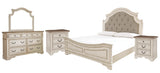 Realyn Chipped White California King Upholstered Panel Bed with Mirrored Dresser and 2 Nightstands from Ashley - Luna Furniture