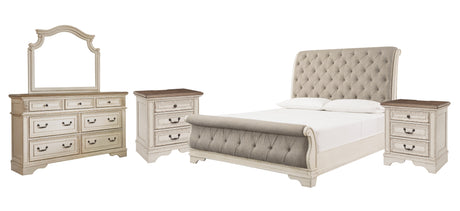 Realyn Chipped White King Sleigh Bed with Mirrored Dresser and 2 Nightstands from Ashley Furniture - Luna Furniture