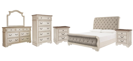 Realyn Chipped White King Sleigh Bed with Mirrored Dresser, Chest and 2 Nightstands from Ashley Furniture - Luna Furniture