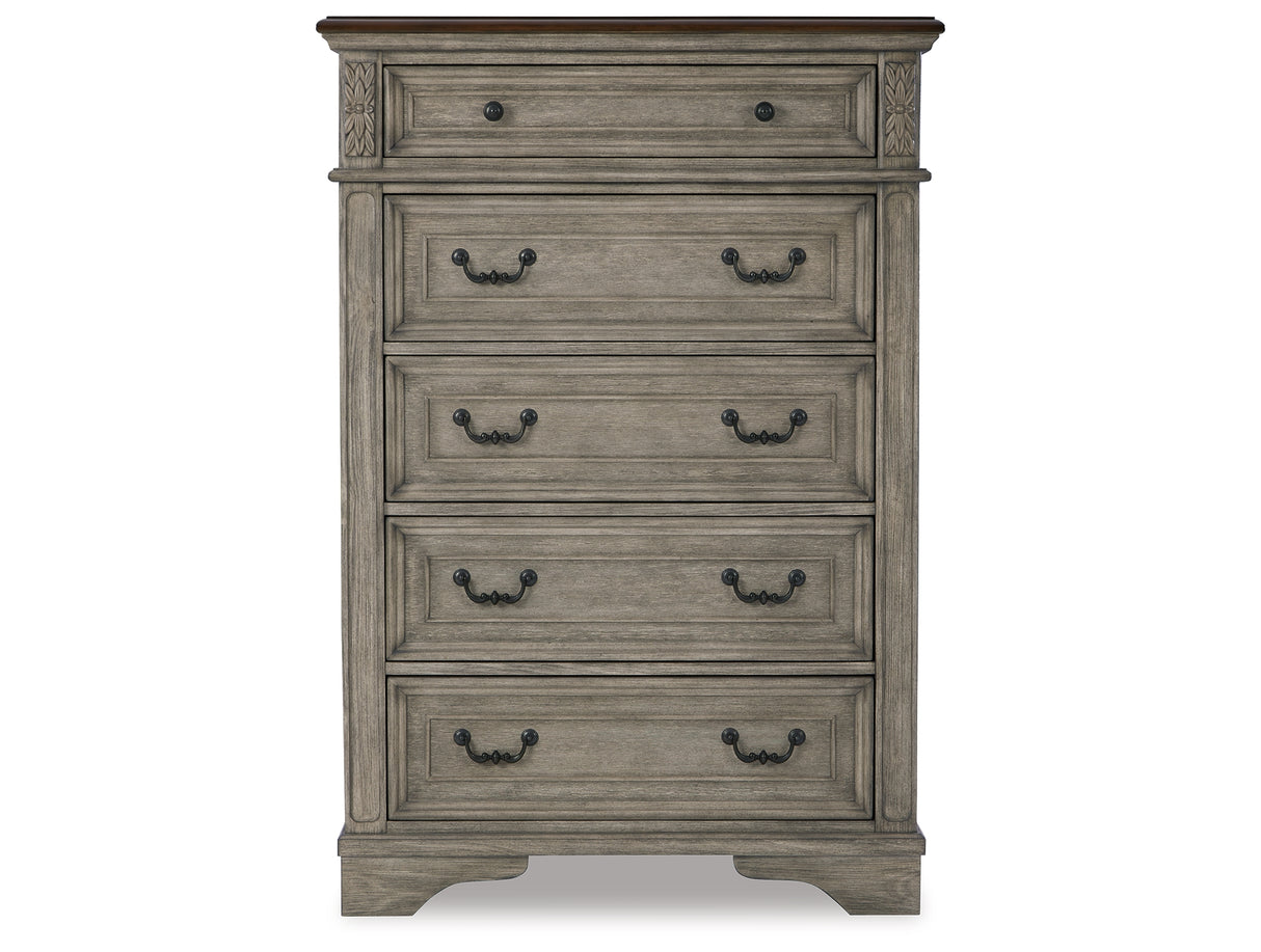 Lodenbay California King Panel Bed with Mirrored Dresser and Chest in Antique Gray from Ashley - Luna Furniture